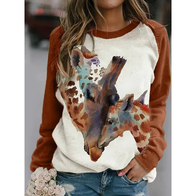 

[New In] Women's 3D animal T shirt animal Graphic 3D Print Round Neck Basic long sleeves Tops
