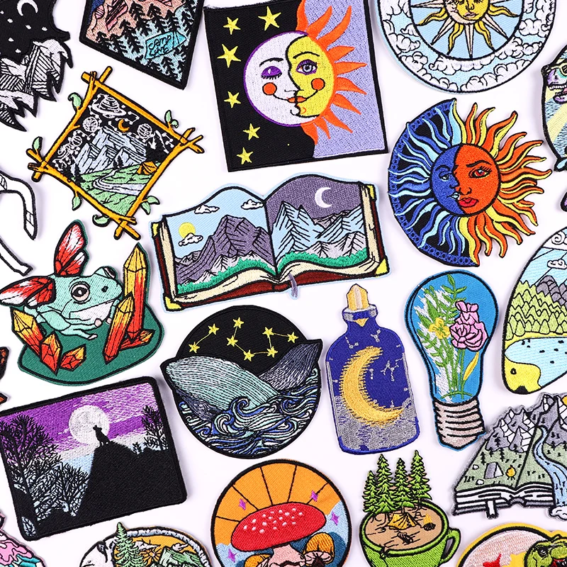 

Mountain Camping/Adventure Patch Iron On Patches For Clothing thermoadhesive Patches On Clothes Sun Moon Embroidered Sticker