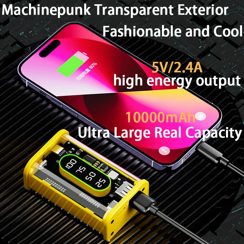 

New Hot Selling Cool Machine Armor Transparent Punk Digital Display 10000mAh Real Capacity Intelligent Mobile Power Supply