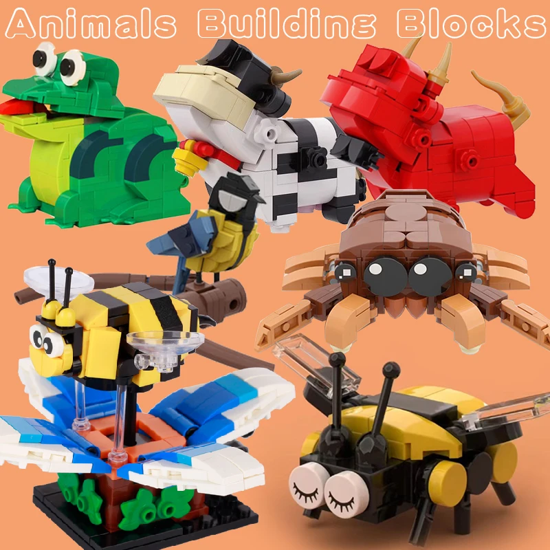 

Конструктор MOC для мальчиков, Мультяшные животные, красный бык, корова, малыш, паук, цветущие цветы, заводные, пчела, птица, сборные игрушки, п...