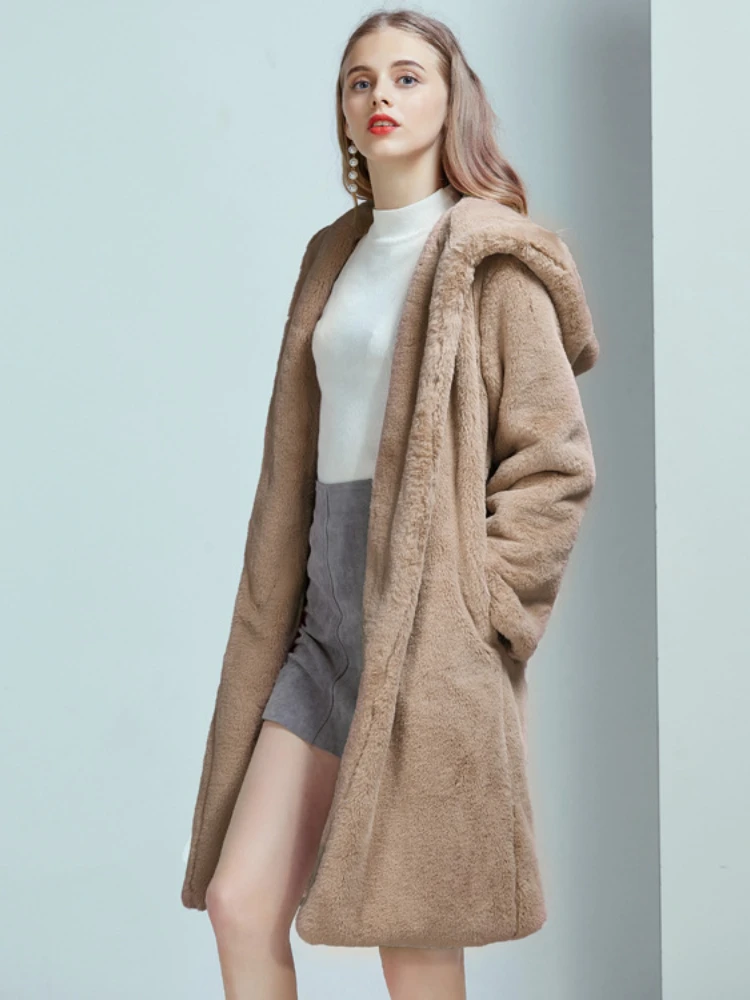 Casual Warm Thick Khaki Faux Fur Hoodies Long Coats Women 2022 Winter Fashion High Street Plush Coats Ladies Cardigan Outwear