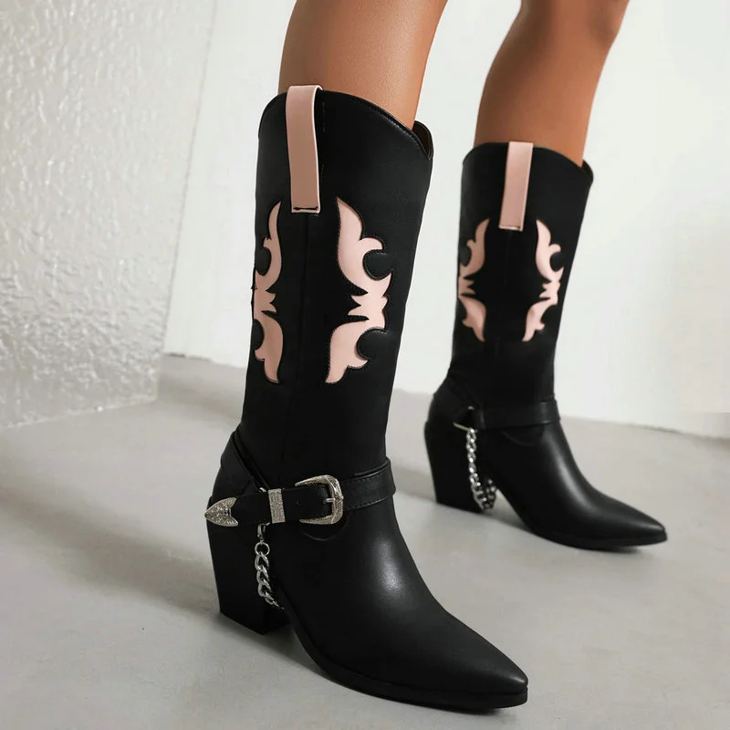 

2023 Winter Women Mid Calf Boots Pointed Toe Square High Heel Ladies Calf Boots PU Leather Mixed Color Slip on Women's Boots