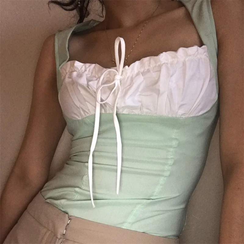 

Винтажный Топ CHRONSTYLE на завязках с рюшами и рюшами, 2022, пикантная Женская майка без рукавов, лоскутный Приталенный жилет с квадратным воротни...