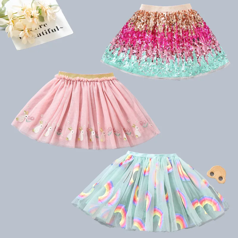 Baby Girls Sequins Tutu Skirts Kids Elastic Waist Pettiskirt Princess Tulle Skirt Rabbit Stars Mini Skirts Children Clothing