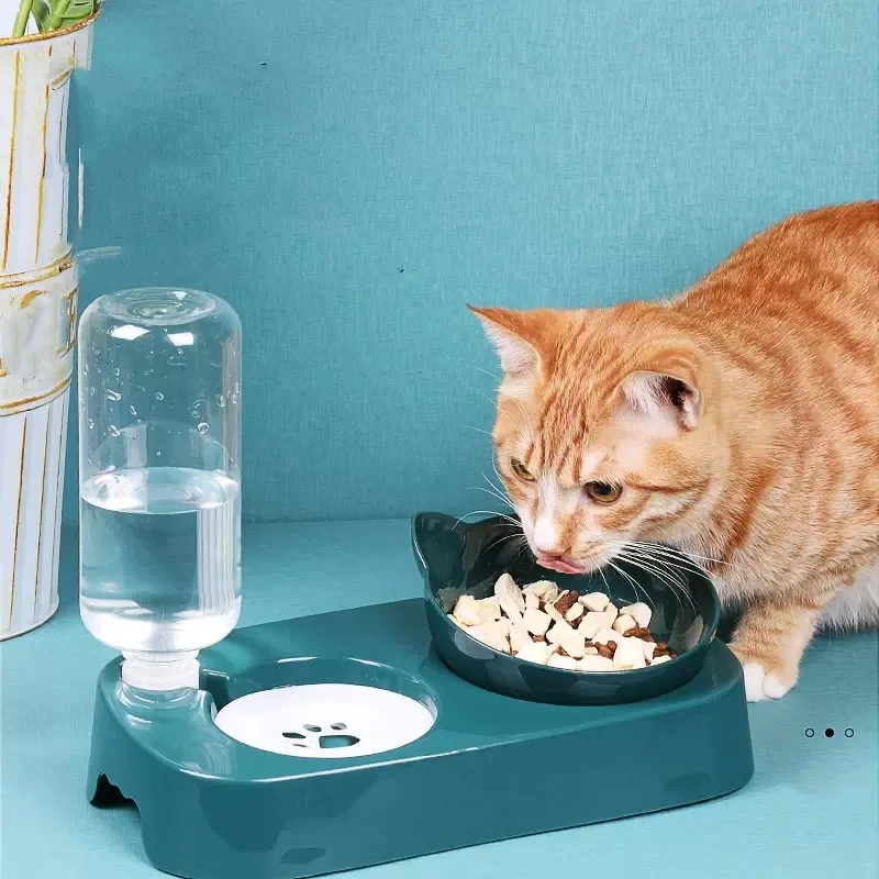 Pet Cat Bowl Automatic Feeder Water Dispenser Dog Cat Food Bowl With Drinking Raised Stand Double Dish Bowls For Cats Dogs Pet