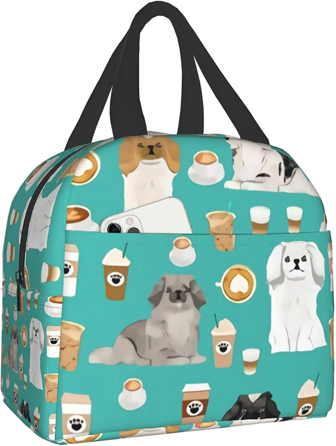 

Pekingese Dog Breed Coffee Turquoise Insulated Lunch Bags For Women Cute Reusable Lunch Box Thermal Lunch Tote Bag