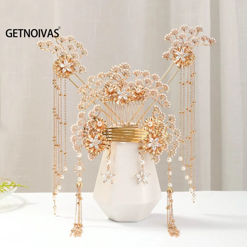 

Bridal Headdress Chinese Traditional Style Antique Pearl Hairpin Haircomb Set Han Chinese Clothing Hair Accessories Hair Jewelry