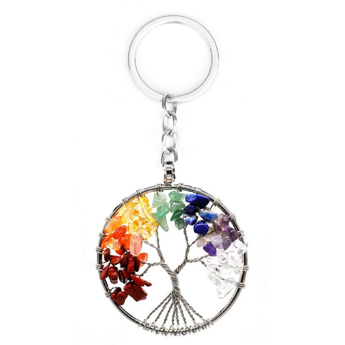 

7 Colorful Stone Natural Crystal Gravel Life Tree Key Chain Pendant Fortune Tree Key Chain Pendant Wholesale