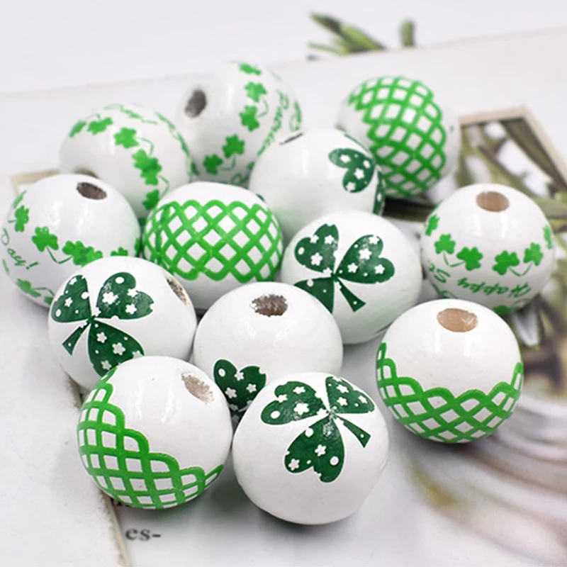 Натуральные бусины 16 мм деревянные с зеленым узором россыпью для рукоделия