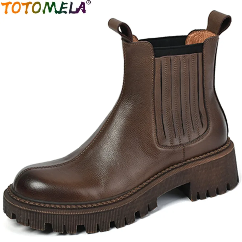 

Женские ботильоны без шнуровки TOTOMELA, ботинки челси из натуральной кожи, Винтажные ботинки на квадратной средней платформе, 2022