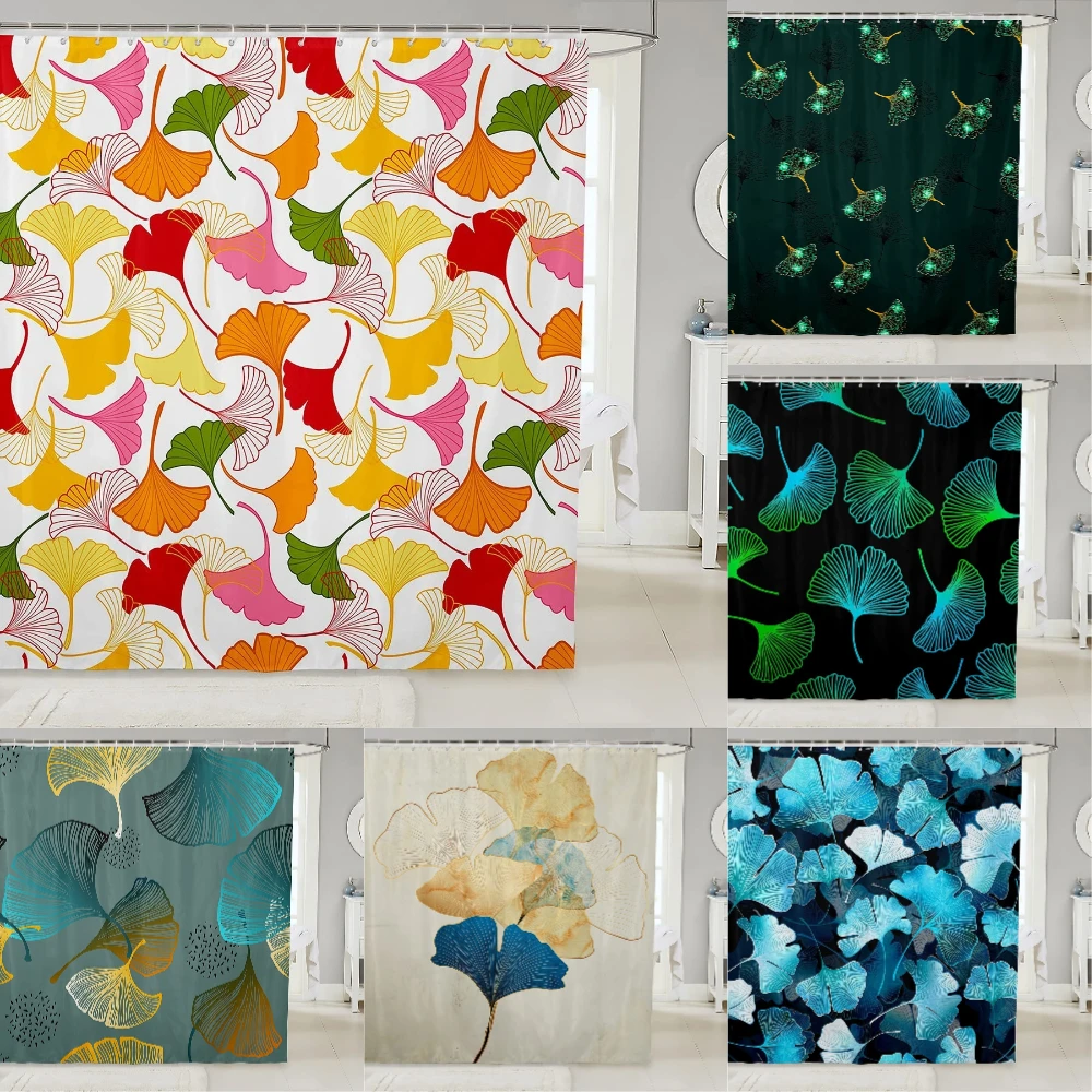 

Green Ginkgo Biloba Shower Curtain Gold Ginkgo Bathroom Shower Curtains Set Waterproof Botanical Bath Curtain Sets Leaves Modern