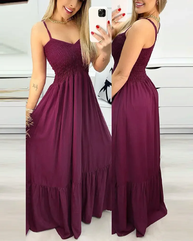 

Elegang Long Dresses for Women 2022 Summer New V-Neck Shirred Cami Suspender Backless Maxi Dress
