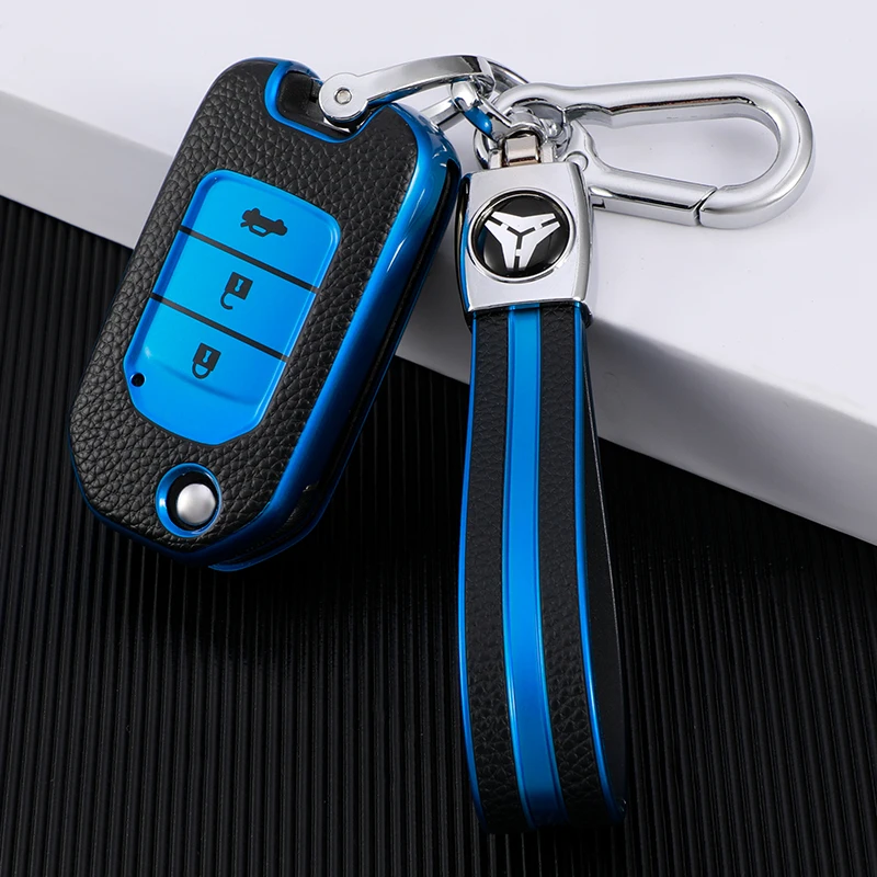 

For Honda Civic CR-V HR-V Agreement Jade Crider Odyssey 2015-2018 Leather TPU Car Flip Key Case Protective Cover Shell Keychain