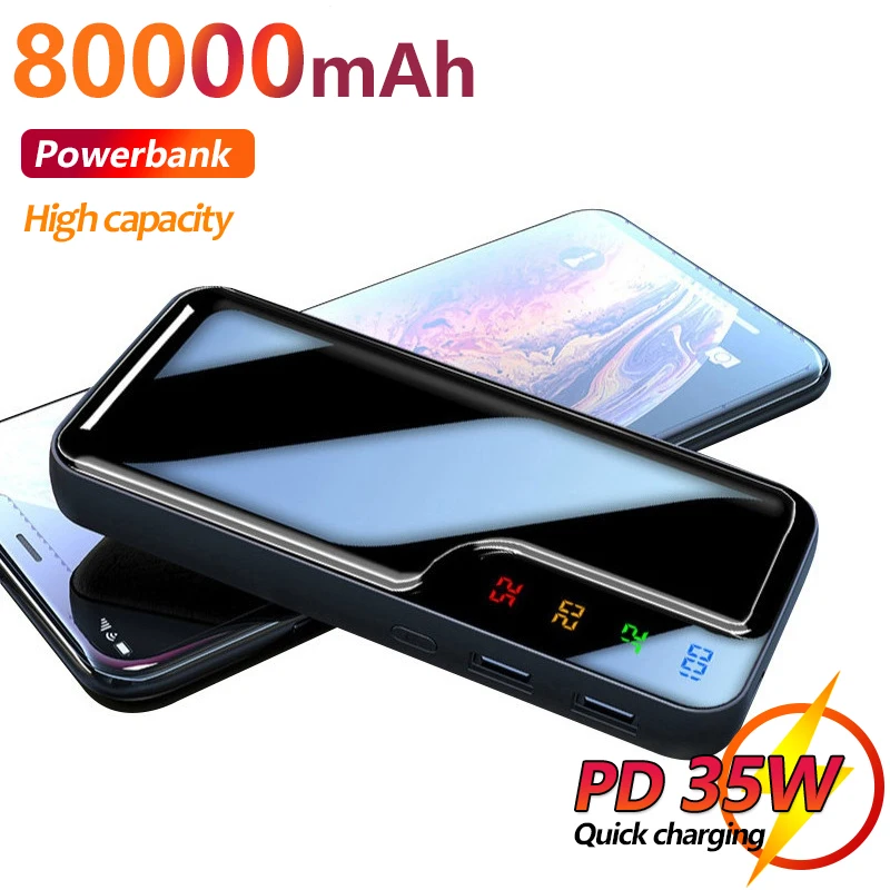 

80000mAh Portable Power Bank Phone Charger with 2 USB Ports PoverBank External Battery Fast Charging For Xiaomi IPhone SAMSUNG