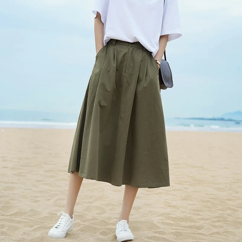 Женская Повседневная трапециевидная хлопковая юбка средней длины с карманами