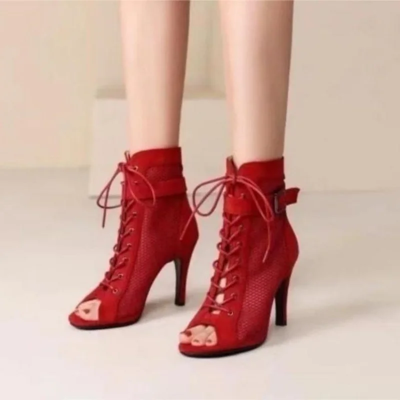 

New Summer Sexy High Heel Cool Boots Fashion Red Mesh Suede Fish Mouth Stiletto Roman Shoes Ballroom Salsa Dance Zapatilla Mujer