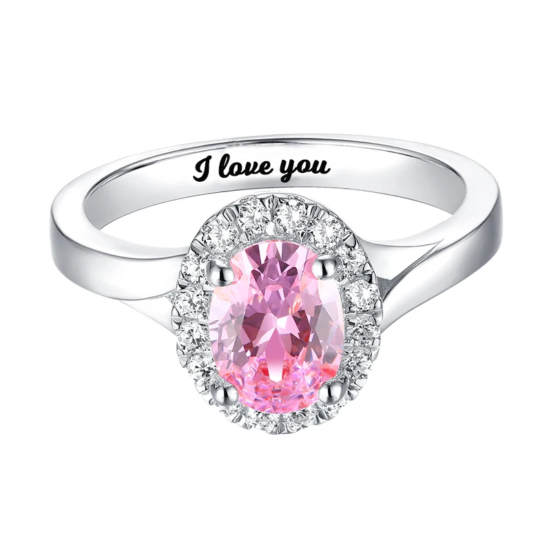

Custom Inside Letters Ring Words Engraved Sterling Silver Stunning Oval Shaped Stone Halo Ring In Silver Jewelry For Women