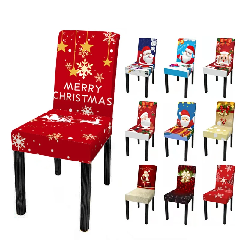 

Fashion Printed Chair Cover Cute Cartoon Pattern Santa Claus Elk Snowflake Christmas Chair Cover Household Elastic Chair Cover