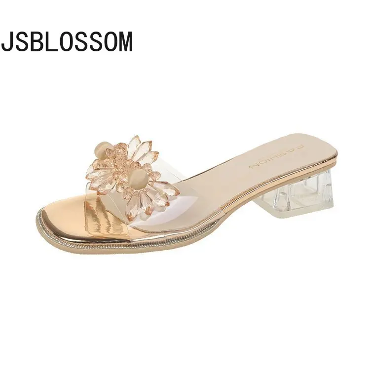 

Прозрачные шлепанцы на высоком каблуке, летняя мода 2022, новинка, шлепанцы на толстом каблуке с цветами из бисера, женские сандалии