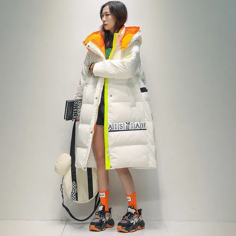 

Женский глянцевый пуховик без стирки, новая Корейская Свободная куртка до колена на белом утином пуху, зимнее теплое пальто, мода 2023