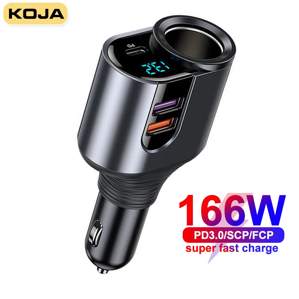 Автомобильное зарядное устройство KOJA, 166 Вт, USB-прикуриватель, супер быстрая зарядка 66 Вт PD Type C 20 Вт QC 3,0 SCP FCP PPS для IPhone 14 13 Samsung OPPO