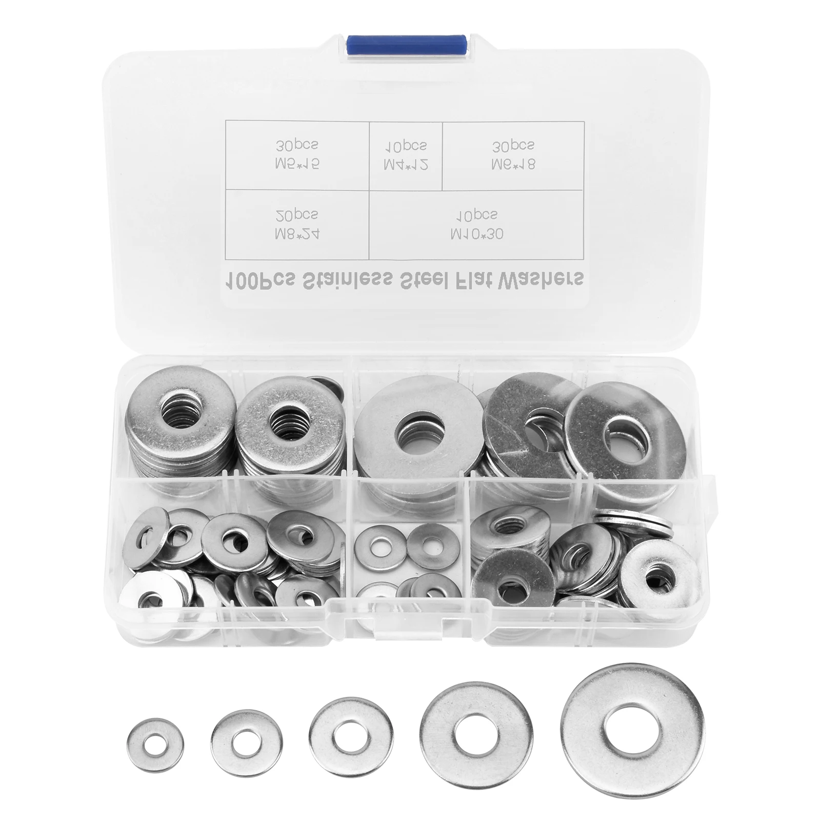 

100pcs/set Flat Washer Hardware 5 Sizes Repair Assortment Penny For Screws Bolts Professional Round Storage Box Stainless Steel
