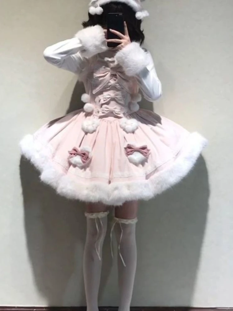 Фото Комплект платья-накидки с капюшоном и ушками кролика в стиле Sweet Lolita, розовый, для женщин и девочек, с кружевом, бантом, помпонами и меховой отделкой, для косплея, вечеринок и повседневной носки №3