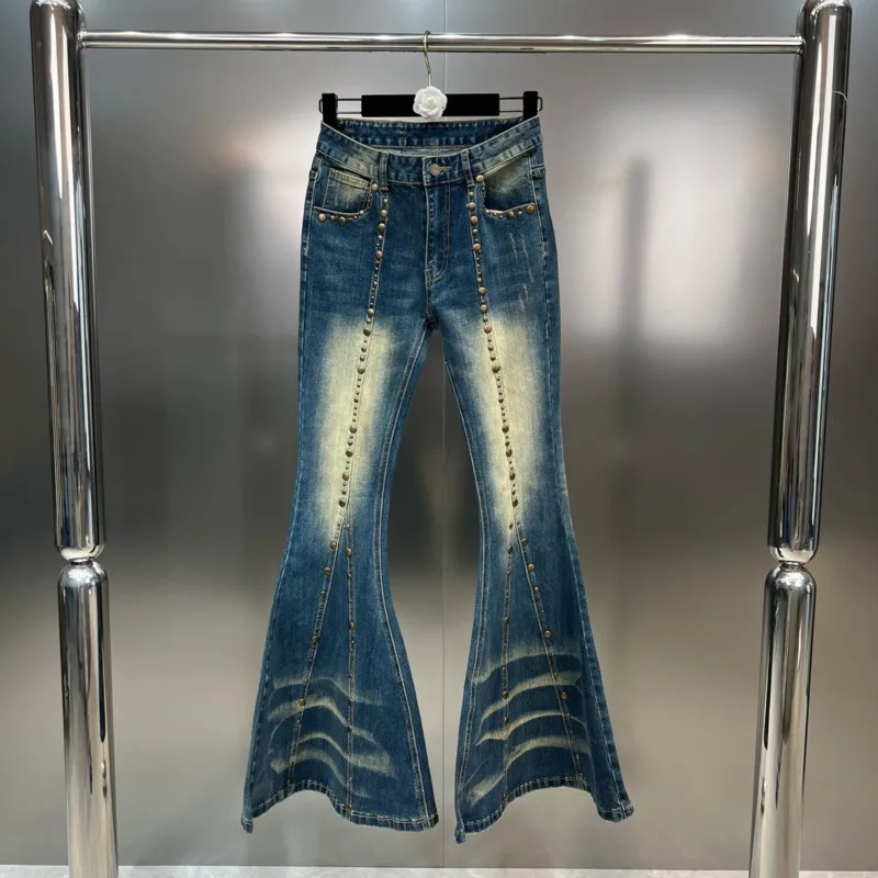 

BORVEMAYS Rivet Contrasting Colors Jeans Women Street Patchwork High Waist Personality 2023 Summer New Wide Leg Pants WZ3513