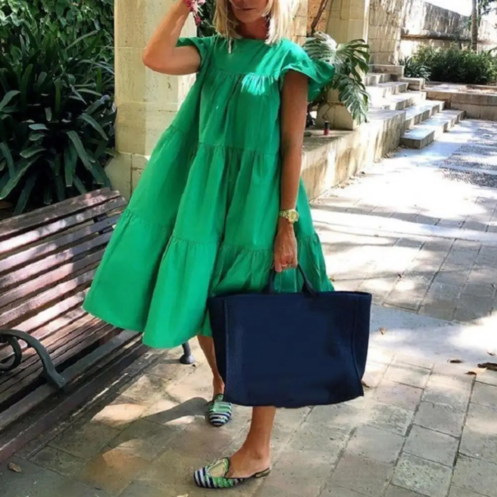 

O Neck Women Solid Color Midi Dress Large Hem Ruffle Short Sleeve Casual Ruffled A Line