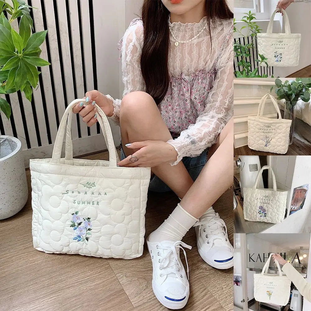 Polyester Fresh Flower Embroidery Handbag Temperament Korean Style Solid Color Tote Bag INS Student