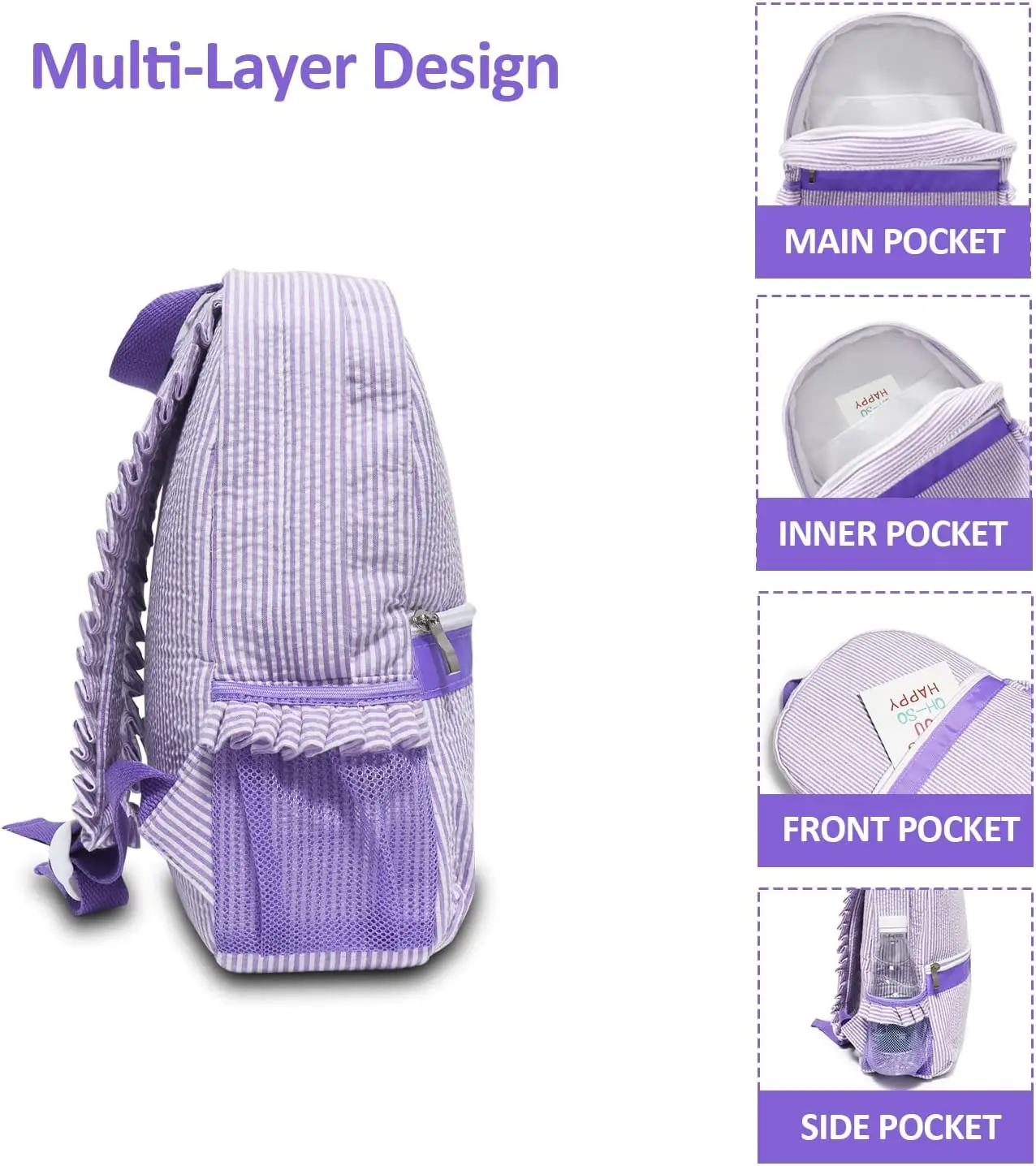 Preschool Kids Seersucker Ruffle Backpacks Purple Ruched Striped School Backpack For Summer Travel Bag Baby Girl Gifts Domil103