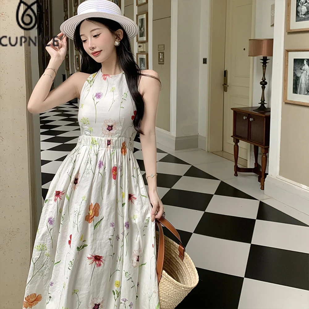 

Женское шифоновое платье-макси CUPNICE, летнее платье с цветочным принтом, эластичным поясом, лямкой на шее и перекрестной спиной, уличная одеж...