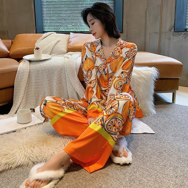 Women's Orange Print Pajama Set Satin Silk Sleepwear Long Pants New Two Piece Suit Spring Summer Lingerie Homewear for Female
