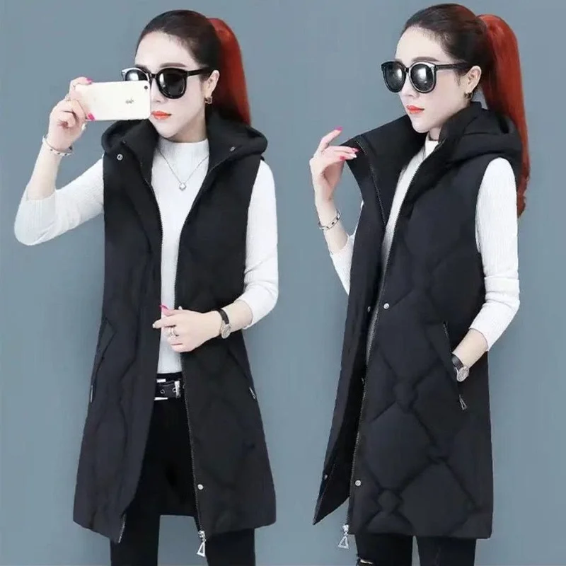

2022 Women's Winter Vest Solid Korean Style Sleeveless Hooded Thick Warm Coat Jacket Female Cotton Padded Casual Outwear E460