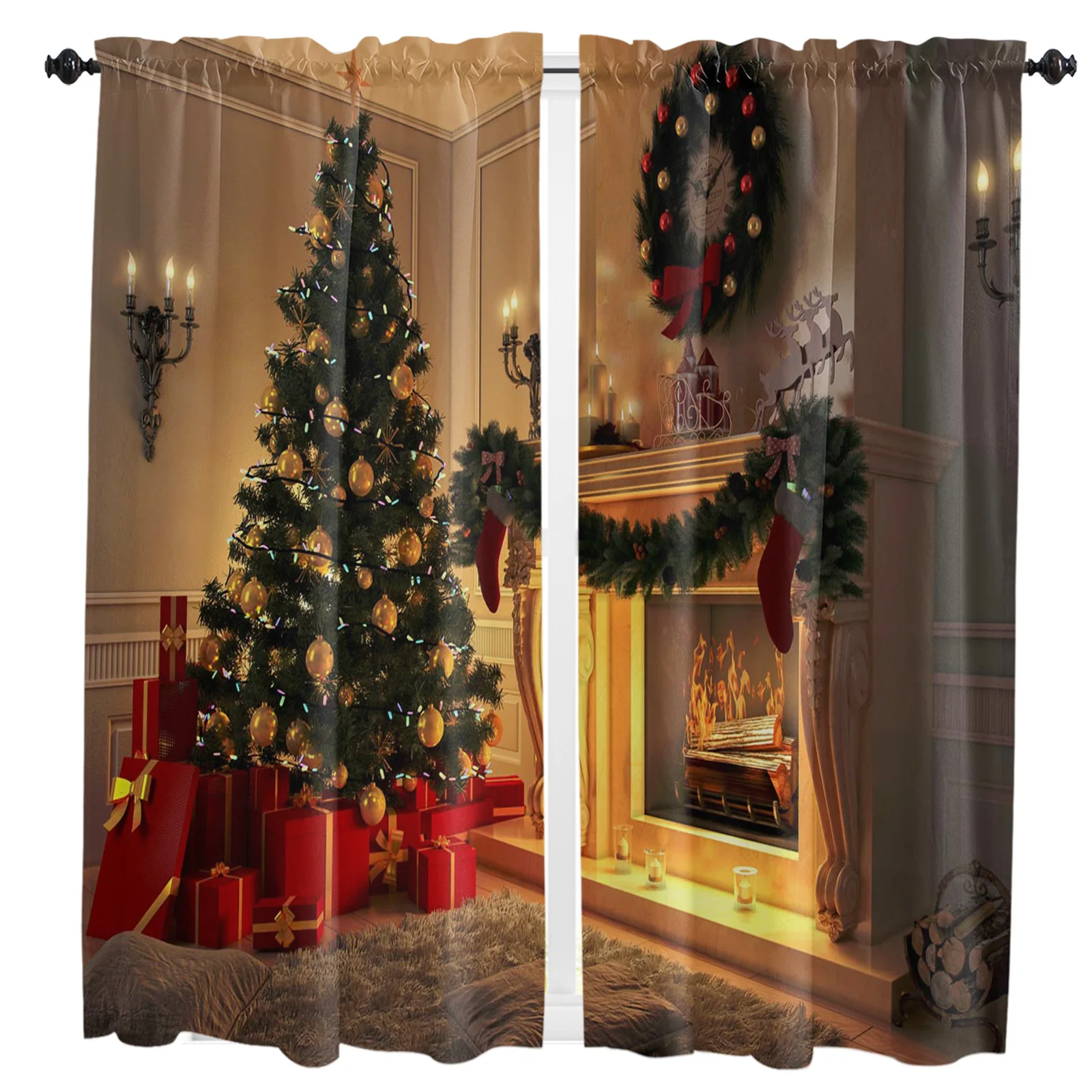 

Christmas Tree Wreath Gifts Fireplace Curtain For Living Room Kids Bedroom Kitchen Window Curtains Home Essentials Drapes