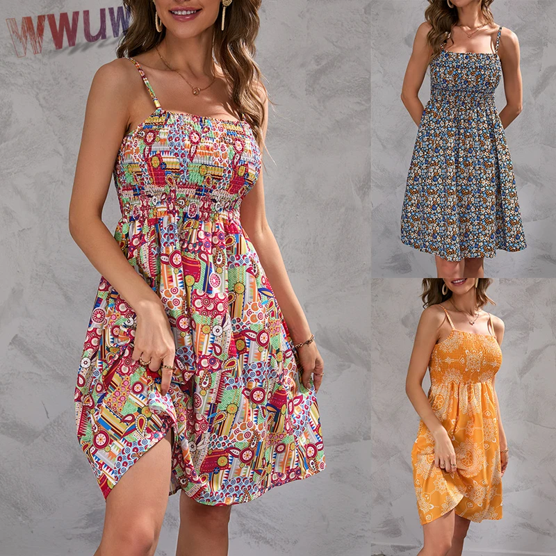 

Fashion Summer Elegant Floral Printed Strap Dress For Women Clothes Backless Boho Dress Vintage Holiday Bench Party Dress New