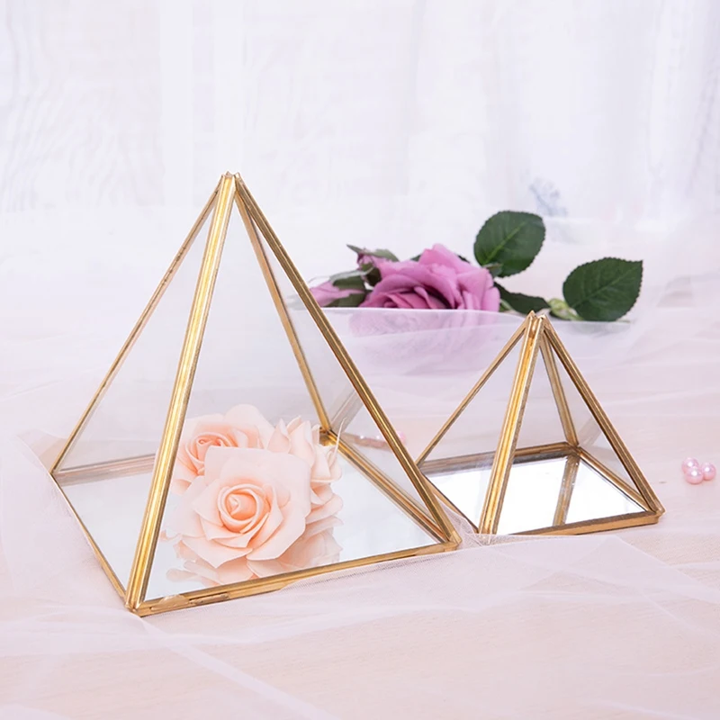 

Стеклянная шкатулка для ювелирных украшений, Золотая декоративная шкатулка с геометрическим рисунком, стеклянные держатели для колец в виде пирамиды, подарок на свадьбу, день рождения