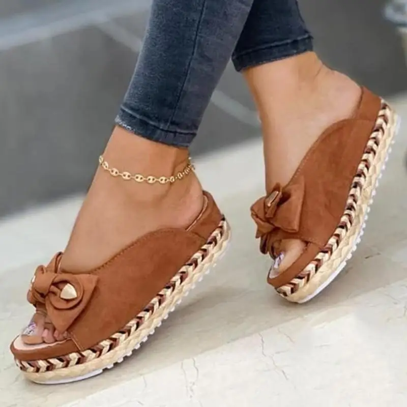 New Women Slippers Casual Solid Color Bowknot Platform Flat Shoes Fashion Braided Straps Outdoor Walking Sandals Zapatilla Mujer