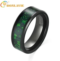 bonlavie 8mm tungsten carbide ring electric black inlaid green carbon fiber gear pattern ring mens bague homme jewelry