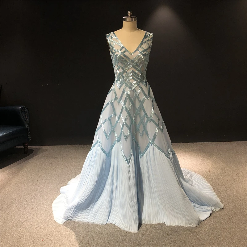 

100%Real Photos Blue Color Heavy Beads Chiffon Pleat robe de soirée de mariage فساتين السهرة فساتين السهرة Formal Evening dress