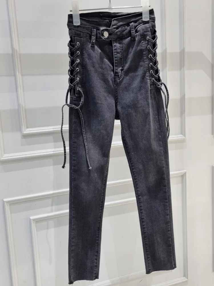 Casual High-Waisted Stretch Jeans With Side Lace Up Nine-Point Leg Pants 2023 New Korean Fashion Women'S Clothing