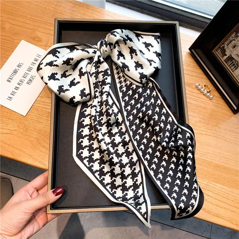 

Elegant Print Silk Skinny Scarf Women Headband Luxury Hair Bands Ribbon Scrunchies Neckerchief Wirt Bag Wrap Female Foulard 2021