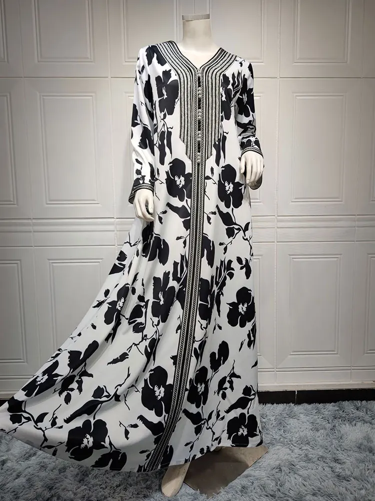 Printed Dress Moroccan Floral Kaftan Women Arabic Long Dresses Gulf Saudi Jalabiya Islam Dubai Muslim Loose Abaya White Black