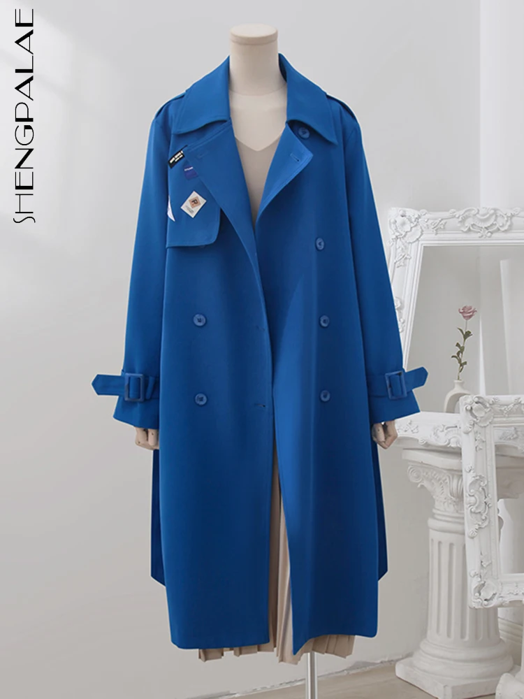 

SHENGPALAE Korean Elegant Chic Blue Long Windbreaker Women's 2023 Spring New Fashion Design Fashion Label Over Knee Coat 5R2031