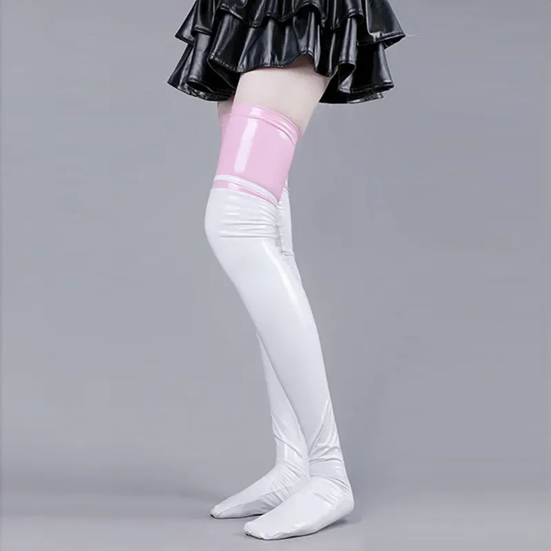 Женские кожаные глянцевые чулки выше колена в стиле аниме милые носки до бедра с