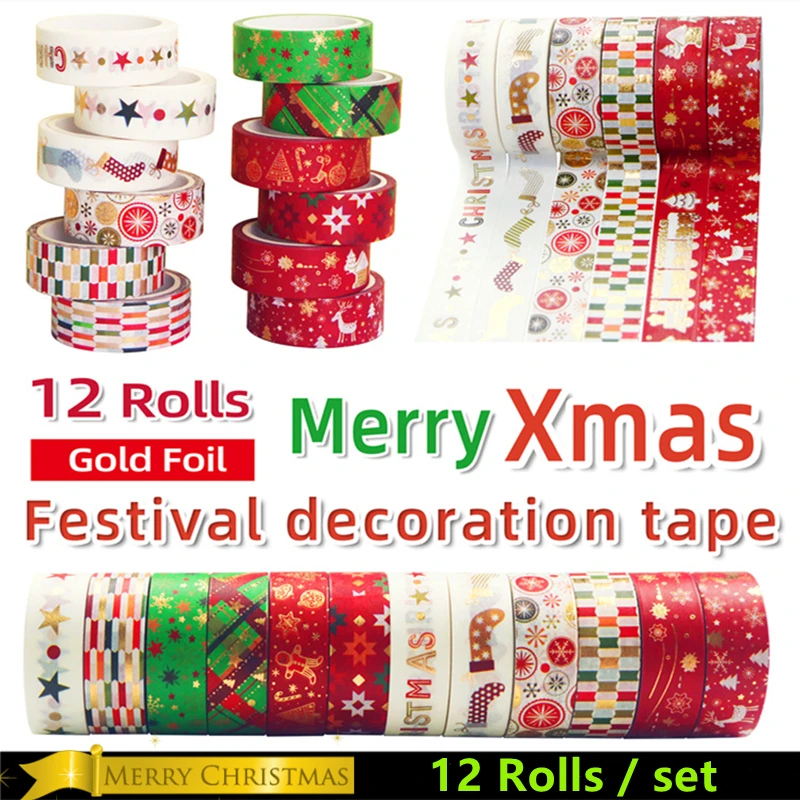 

12 Rolls/Set Christmas Pattern Washi Tape Xmas Decorative Paper Tape Christmas Tree Washi Tape for DIY Craft Scrapbook Supplies