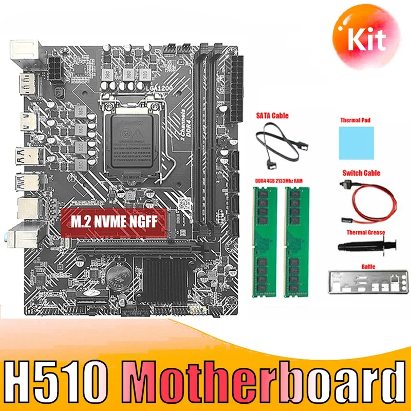 

1 Set H510 Gaming Motherboard +2XDDR4 4G 2133Mhz RAM+SATA Cable+Baffle LGA1200 DDR4 Gigabit LAN PCIE 16X For I3 I5 I7 Series CPU