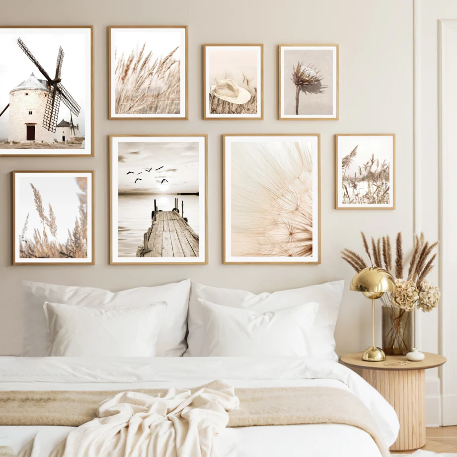 Настенная картина с изображением бежевого одуванчика птицы тростника травы