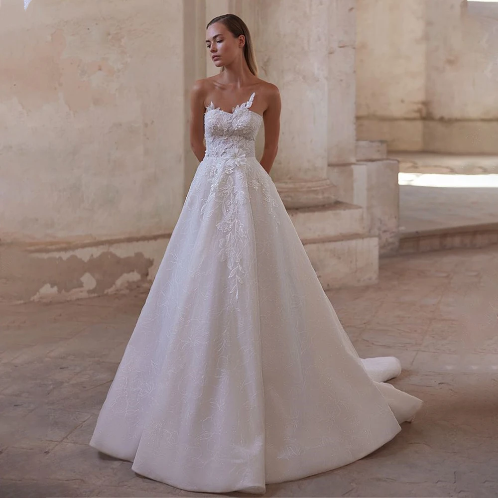 Популярные свадебные платья трапециевидной формы без бретелек с 3D цветочной