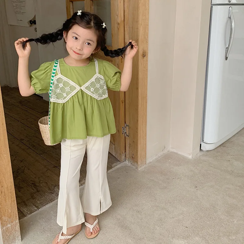 

MIDODO 2022 Summer Girls Lace Short-sleeve Green T-shirt+Beige Flared Pants 2Pcs Suit Children Casual Cotton O-neck Tee Top Kids